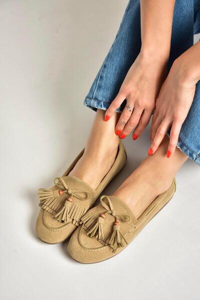 Fox Shoes Y996271002 Balerini de damă din piele intoarsa bej cu detaliu ciucuri