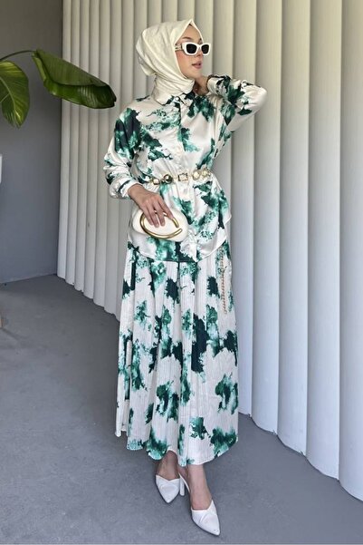 Bestenur Pleated Skirt Satin Double Set 1693