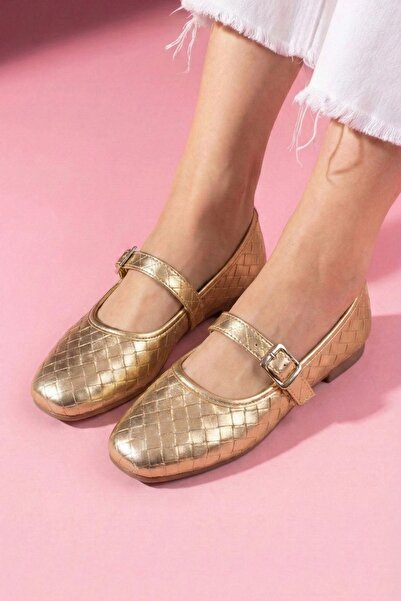 FUGA MODA Μπαλαρίνες Toledo με υφή χρυσού δέρματος, πλεκτές, με ζώνη με αγκρά...