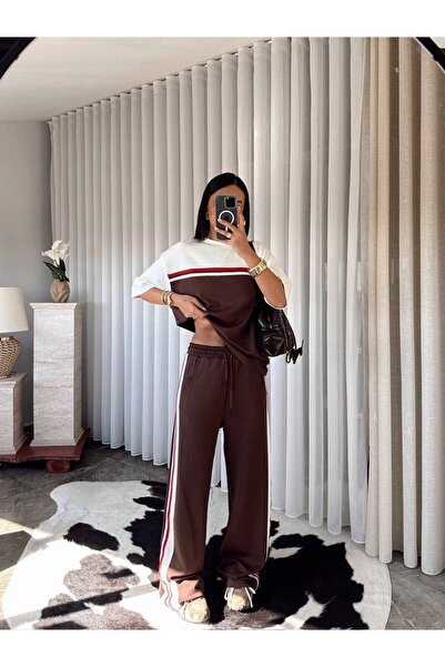 ALVOR Women's Stripe Detailed Oversize Top and Bottom Set - Two Thread Comfor...