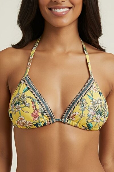 Brashop Kadın & Genç Kız Sarı Canlı Çiçek Desenli Üçgen Bikini Üstü - Etnik Ş...