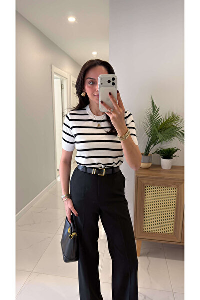 BİRCANÇİL Md Nillad Ecru Black Striped Short Sleeve Knitwear