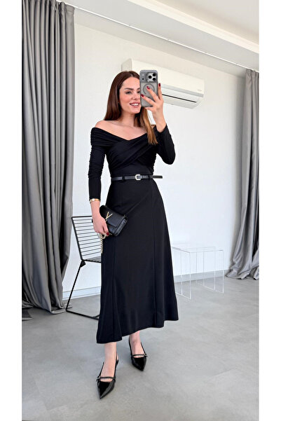 pelin yıldız butik Madonna Yaka Kemerli Elbise