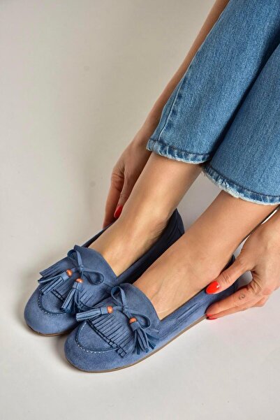 Fox Shoes Y996271002 Balerini de damă din piele intoarsa albastra cu detaliu ...