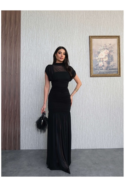 ESRAHELVACI Dik Yaka Drapeli Tül Maxi Elbise
