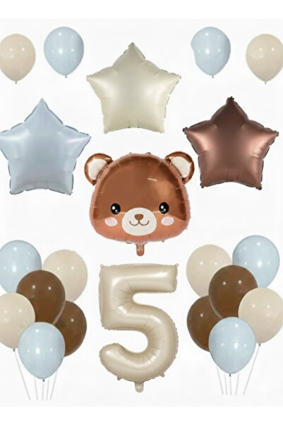 Çemrek Süs Parti Blue Beige Brown Bear Balloon and Number Balloon Set 15 Pieces