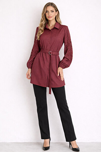 FUAT GÜRSEN Cotton Satin Tunic with Beaded Sleeves and Belted Waist