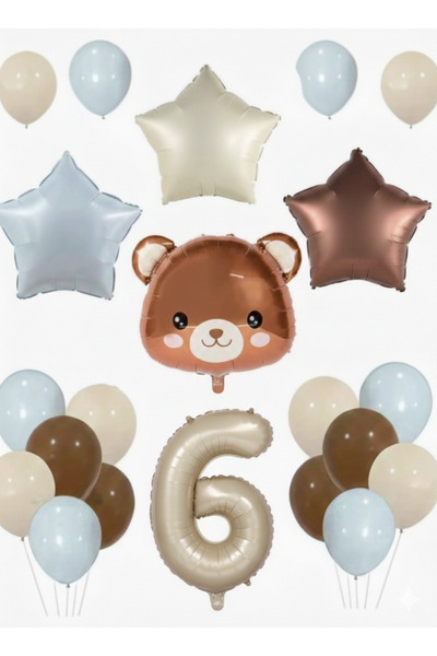 Çemrek Süs Parti Blue Beige Brown Bear Balloon and Number Balloon Set 15 Pieces