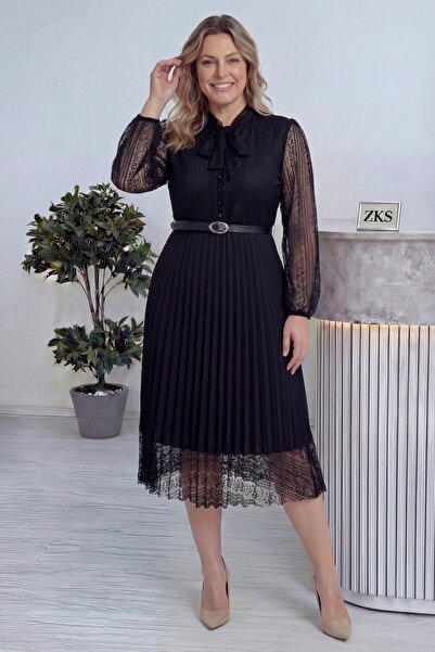 zks grup tekstil Black French Guipure Pleated Belted Plus Size Dress