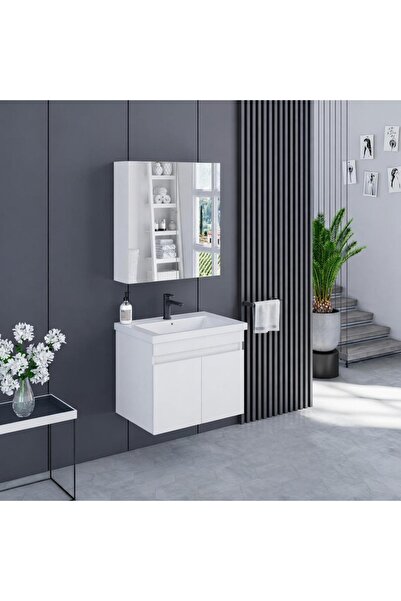 ALVİT Banyo Dolabı 65 CM İcon Ayna Dolaplı Alt Üst Modül Ve Seramik Lavabo Qu...