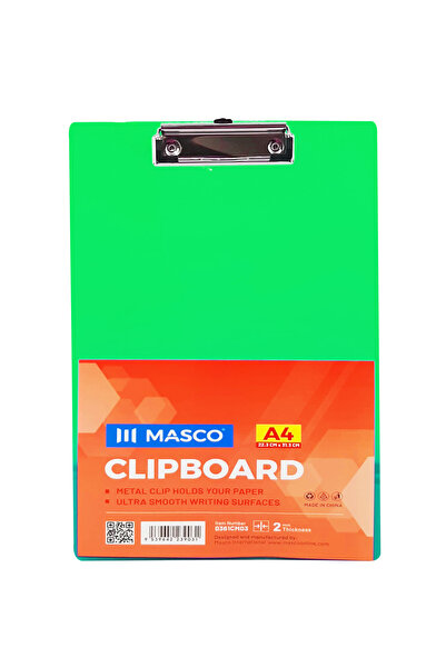 MASCO A4 Plastic Clipboard with Metal Clip, Smooth Writing Surface, Green