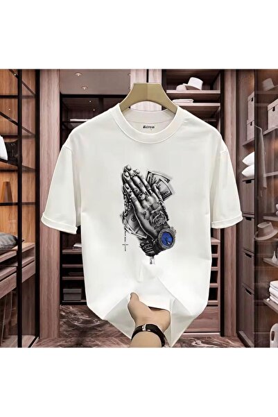 ALCİNOUS ΛΕΥΚΟ OVERSIZE ΒΑΜΒΑΚΕΡΟ UNISEX T-SHIRT ΜΕ ΣΤΑΜΠΑ