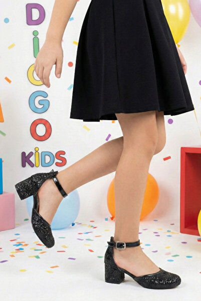 DİGGO KİDS Pantofi cu toc pentru fete, negri, cu sclipici, pantofi de seară p...
