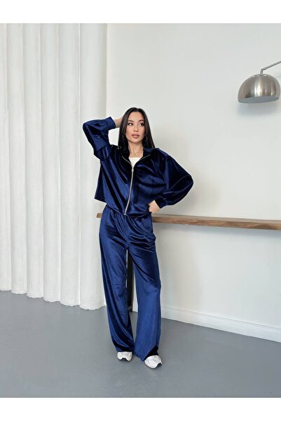 timagna Kadın Alt Üst Takım Fermuarlı Kadife Kapüşonlu Hırka Geniş Paça Panto...