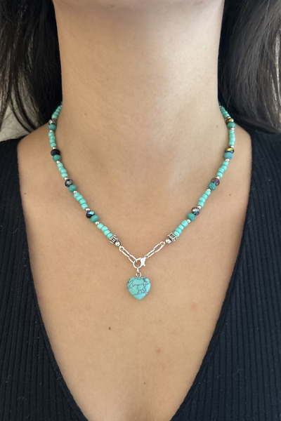 Suerte Accessories Kalp Kesim Turkuaz Doğal Taş Uçlu El Yapımı Kristal Boncuk...