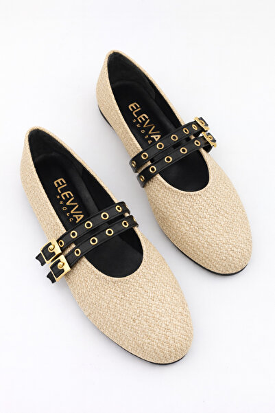 moon glow Γυναικείες ψάθινες μπαλαρίνες με διπλή πόρπη, μαύρο λουράκι, χρυσή ...