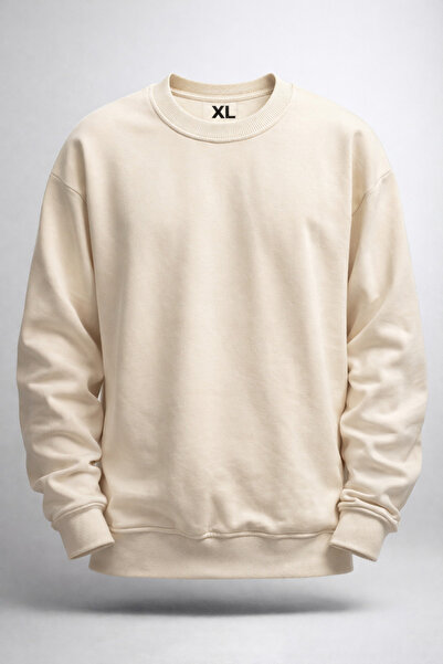 cekud tasarım baskı Krem Renk Sweatshirt XL Tek Beden Rahat Kalıp Unisex Basi...