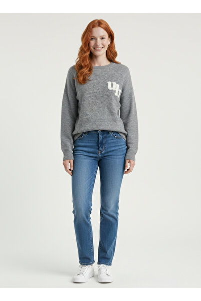 Neden Tekstil Gray Crew Neck College Lettered Oversize Knitwear Sweater