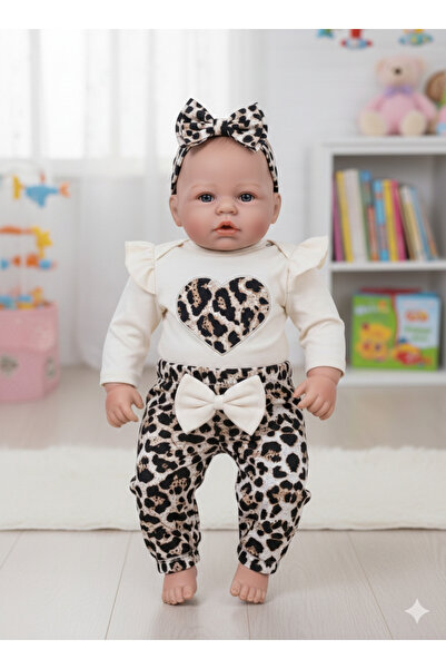 podyumgiyim طقم مكون من 3 قطع بتفاصيل قلب على شكل جلد الفهد مع حزام كتف ورباط...