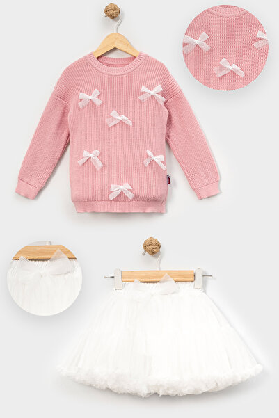 Riffy Baby Bow Detailed Knitwear Sweater and Fluffy Tutu Skirt Set