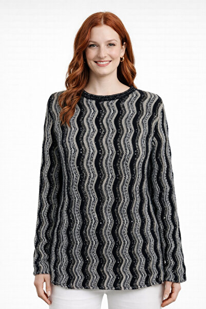 Neden Tekstil Black Gray Wave Patterned Glittery Crew Neck Knit Sweater