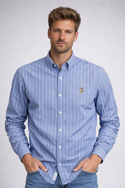U.S. Polo Assn. Mens Blue Vertical Stripes Cotton Shirt