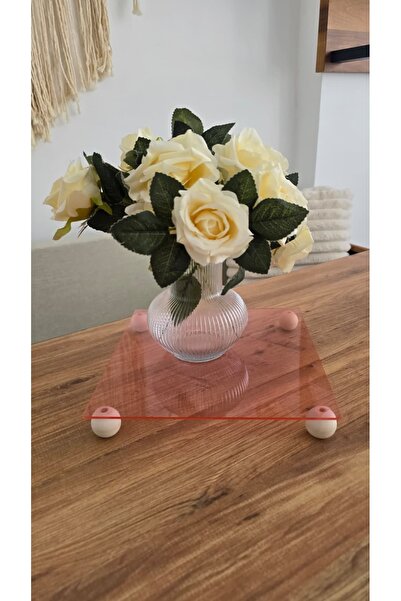 MUJA DEC 25 cm Pink Acrylic Decorative Presentation Tray – Round Wooden Leg S...