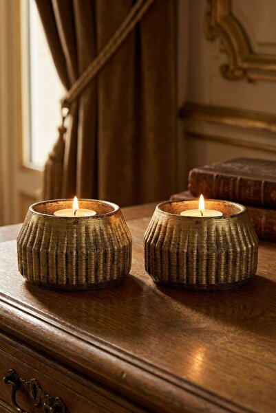 Evene Altın Eskitme Mumluk Şamdan Tealight Mum Uyumlu Model 38