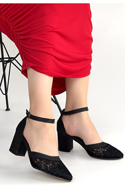 kendim fashion Dmop Black Skin Glitter Tulle Detailed Heeled Shoes