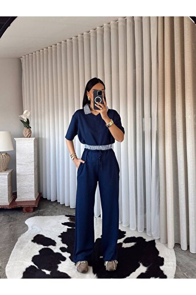 ALVOR Women's Polo Collar Garnished Top and Bottom Set - Elastic Sweatpants S...