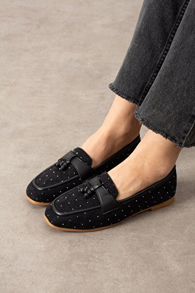 FUGA MODA Padova Negru Mini Stone Tassel Mărgele din lemn Detaliu Mocasini Ba...