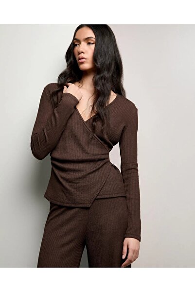 Kübra Tekstil Women's Brown Double-Breasted Collar Gathered/Draped Textured B...