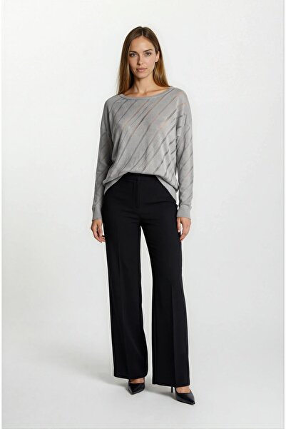 Spazio Rossovich Yuvarlak Yaka Transparan Çizgi Detaylı Triko GRİ