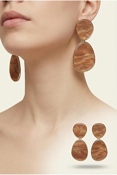 Spazio Mermer Desenli Çift Oval Sallantılı Küpe CAMEL