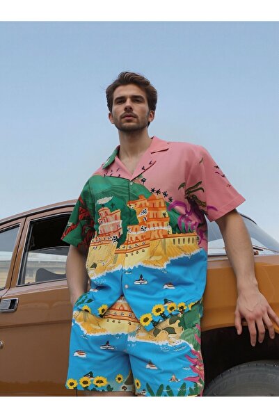 MAMAYAGA Men's Patterned Half Sleeve Buttoned Sporty Stylish Shorts Design Suit