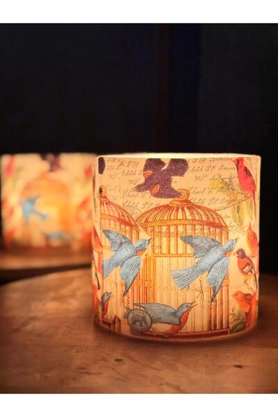 FIAMOR Kuş kafesi & uçan kuş desenli dekoratif abajur mumluk