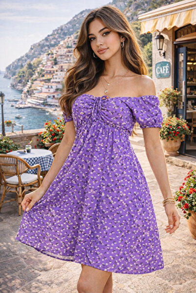 AQE FASHION Women's Dress Purple Mini Short Sleeve Floral Pattern Madonna Col...