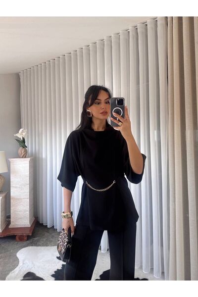 ALVOR Women's Draped Collar Chain Detail Set - Flare Leg Elegant Two-Piece Set