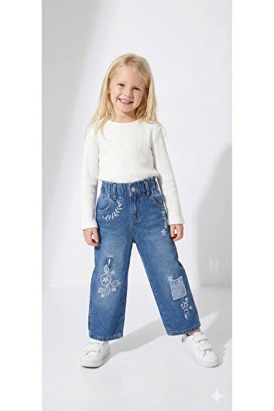 Motebarn Wear Pantaloni din denim cu picior larg, brodați, cu talie elastică,...