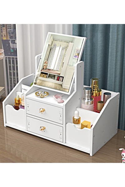 gaman منظم مكياج للطاولة مقاوم للغبار مع مرآة وأدراج - منظم مجوهرات