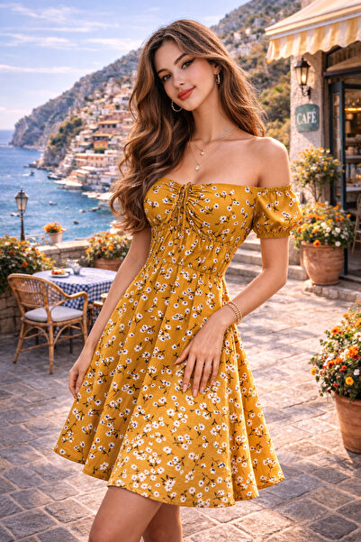 AQE FASHION Women's Dress Mustard Mini Short Sleeve Floral Pattern Madonna Co...