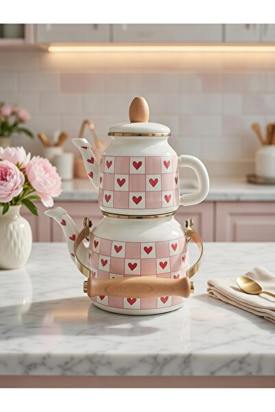 ALEV EMAYE Retro Pembe Damalı Kalp Desenli Emaye Çaydanlık - Çift Katlı Vinta...