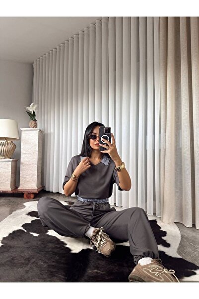 ALVOR Women's Polo Collar Garnished Top and Bottom Set - Elastic Sweatpants S...