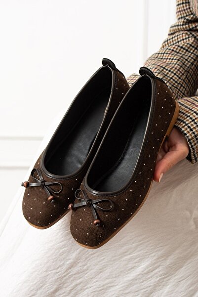 FUGA MODA Fiora Brown Suede Mini Ballerinas with Stone Bow and Wooden Bead De...