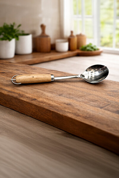 Vadi Stainless Steel Serving Spoon with Wooden Handle - Kitchen Ladle