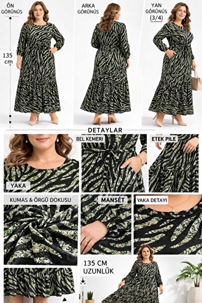 BİrHoşButik Plus Size Full Lycra Pleated Dress with Lace-Up Sleeves, Elastica...