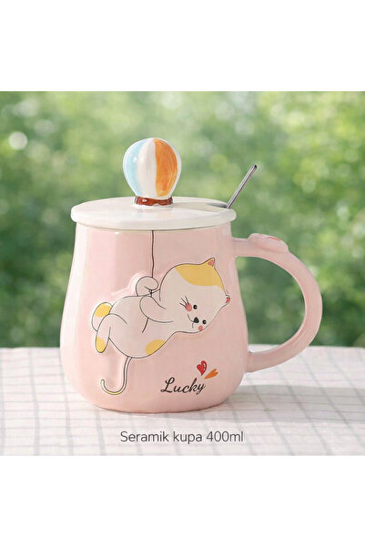 Two Two Colorful Flying Balloon Ceramic Mug with Lid and Spoon – Cute Cat Pat...