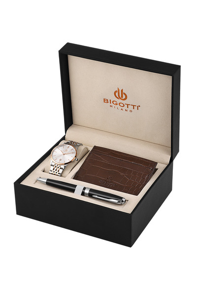 Biggoti Quotidiano Silver and Rose Gold Stainless Steel Watch Gift Set for Me...