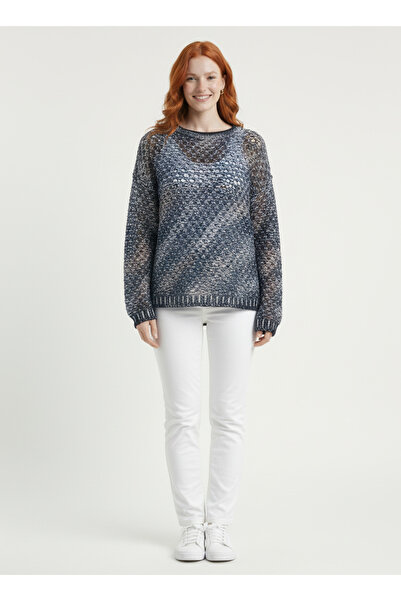 Neden Tekstil Navy Blue Melange Openwork Glitter Comfortable Fit Knitwear Swe...