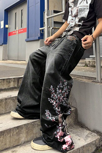 GRİİ WEAR Unisex Wide Leg Oversize Ronin Samurai Embroidered Baggy Jeans